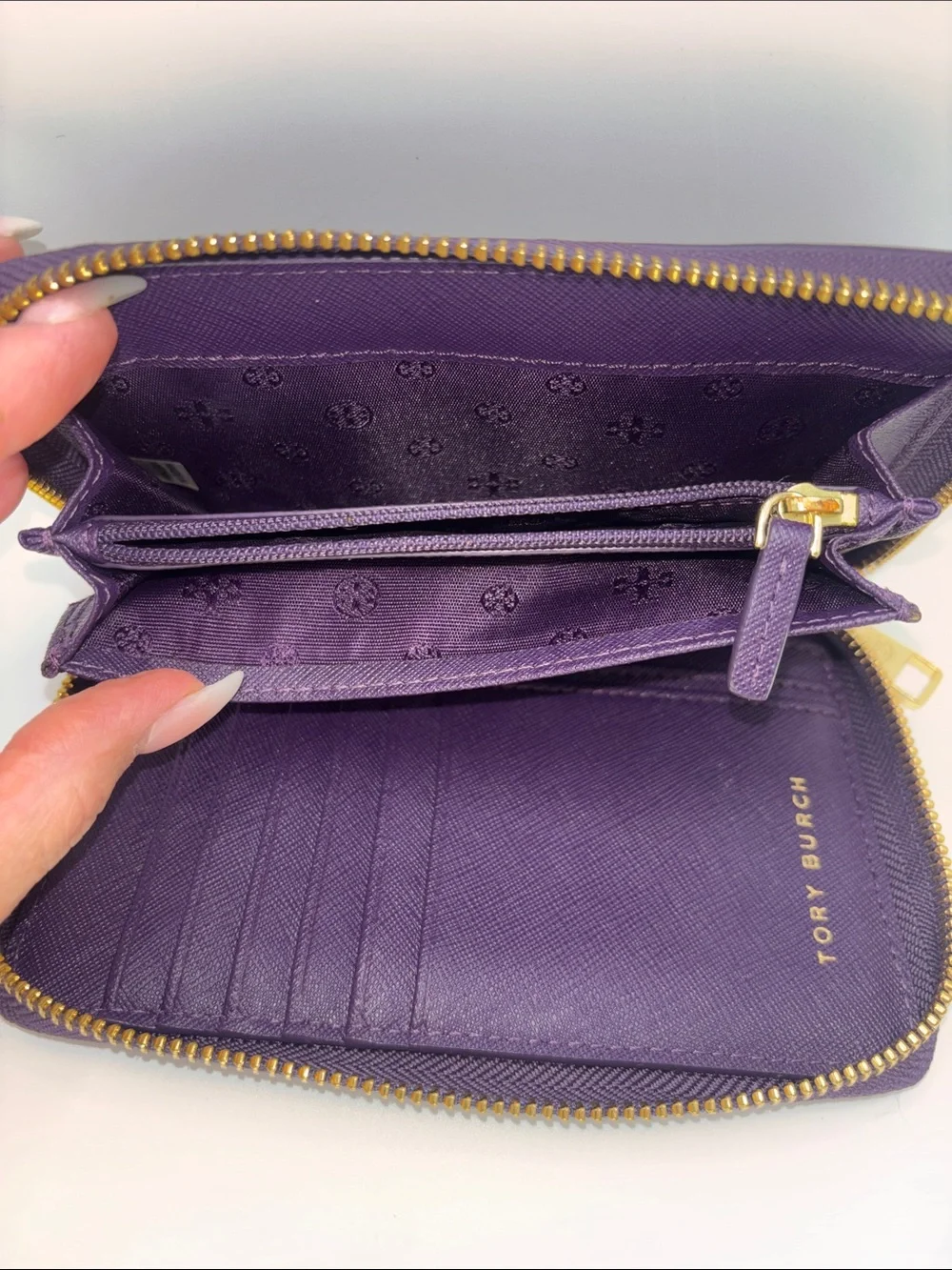 Tory Burch Deep Purple Leather Zip-Around Wallet with Gold Logo